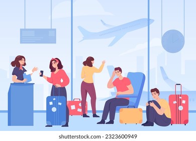 Pasajeros enojados no ven ilustración vectorial de vuelo. Turistas frustrados discutiendo con el personal, enfatizando debido a la huelga de trabajadores y las dificultades en el trabajo del aeropuerto. Verano, concepto de caos de viajes