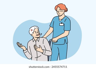 Angry patient in wheelchair swears at nurse, expressing dissatisfaction with healthcare system and high cost of insurance. Woman doctor takes elderly man out of clinic due to lack of health insurance.