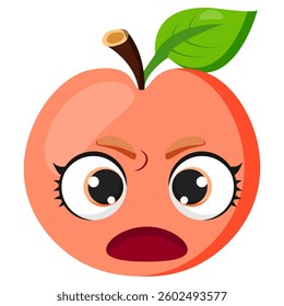 Angry peach with expressive eyes and a surprised facial expression. A unique fruit illustration perfect for stickers, emoticons, healthy food concepts