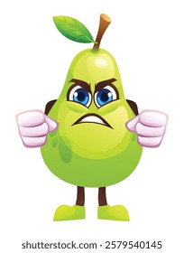 Angry pear character with clenched fists, expressing frustration. Vector cartoon illustration