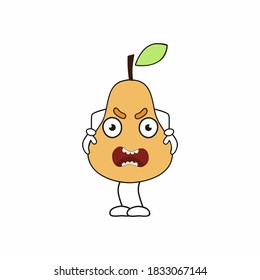 Angry pear on a white background. Fruit emoticons with different emotions. Pear with hands, eyes and face. A child's drawing for the label.