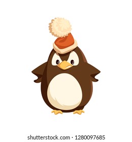 Angry penguin in Santa hat, isolated character. Arctic bird with furious face expression vector. Christmas holiday, wild animal and headdress with bubo.