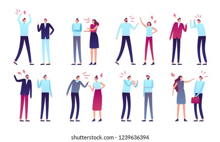 Angry people. Aggressive business peoples, worker person aggression or yelling man and women couple arguing emotions. Anxious rage or confused human character isolated vector icons set