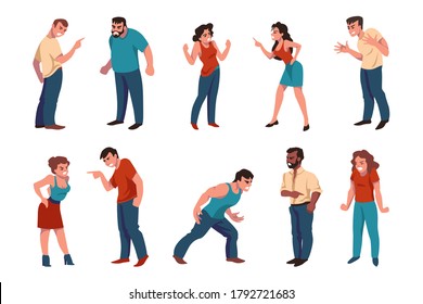 Angry people. Aggressive men and women argue and emotionally dispute, cartoon characters fighting about business or divorce. Vector set illustrations of conflict scenes crier graphic person