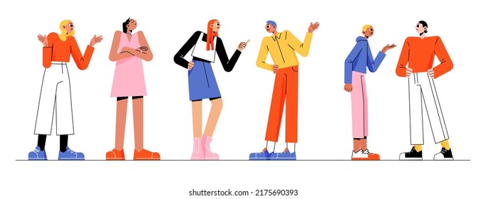 Angry people argue, quarrel in couple, friends conflict. Vector flat illustration of men and women dispute. Concept of bad relationship with trouble and problems