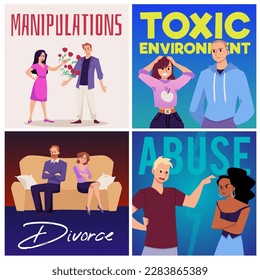 Angry people arguing, couples in bad relationships - posters set, flat vector illustration. Men and women in abusive toxic relationships manipulating each other and divorcing.