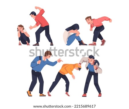 Angry people arguing and fighting set. Husband yelling and beating his wife. Domestic violence, teenage bullying cartoon vector illustration