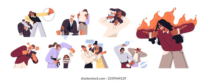 Angry people concept set. Furious men and women shout at kids, workers. Characters feel negative emotions: anger, irritation, aggression, rage. Flat isolated vector illustrations on white background