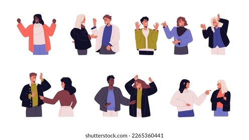 Angry people in conflict, quarrel, fight set. Aggressive characters in anger, disagreement, brawling, abusing, talking with neagtive emotions. Flat vector illustrations isolated on white background