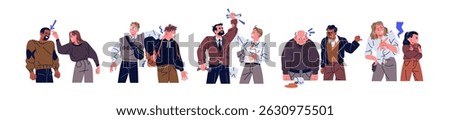 Angry people are in conflict set. Problems of communication, misunderstanding and disagreement. Furious men and women shout at, argue at quarrel. Flat isolated vector illustrations on white background