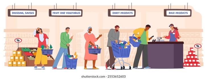 Angry people customers queue in store standing in line at supermarket cashier counter desk scene. Man and woman with shopping baskets feeling tired and furious due to problems with cashless payment