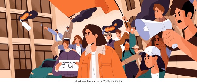 Gente enojada hace disturbios durante piquetes contra Smith. Multitud de activistas de resistencia con megáfono está en manifestación, reunión de lucha por los derechos de igualdad. Concepto de revolución. Ilustración vectorial plana