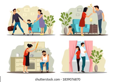 Angry people in family conflict set. Woman and man shouting, screaming, yelling, fighting, thinking of divorce, child crying. Unhappy marriage vector illustration. Domestic quarrels.