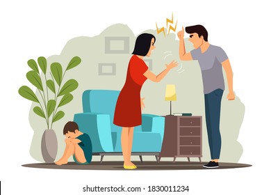 Angry people in family conflict. Woman and man shouting, screaming, yelling, fighting, scared child crying. Unhappy marriage vector illustration. Domestic quarrels, kid suffering.