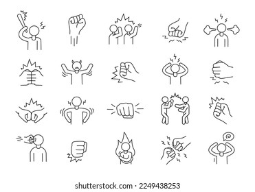 Angry people fight. Fist punch. Thin line symbols. Frustrated persons. Crazy stress icons. Aggressive or anger man yell. Strength impact. Control of emotions. Vector recent pictograms set