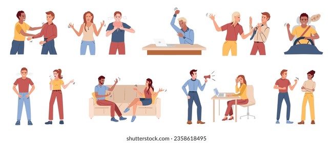 Gente enojada conjunto plano de composiciones aisladas con personajes de estilo doodle de compañeros en discusión y amigos ilustraciones vectoriales
