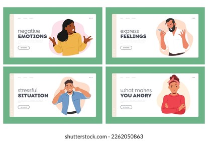 Angry People Landing Page Template Set. Male and Female Characters With Scowling Face, Furrowed Brows, Clenched Jaw And Crossed Arms Expressing Disapproval Or Annoyance. Cartoon Vector Illustration