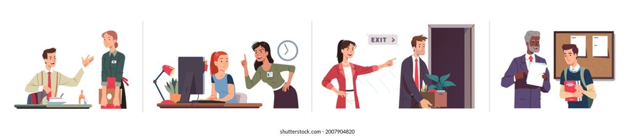 Angry people, men, women in workplace conflict. Restaurant visitor person shouting at waitress, professor scolding student, manager screaming at employee, boss firing worker. Flat vector illustration