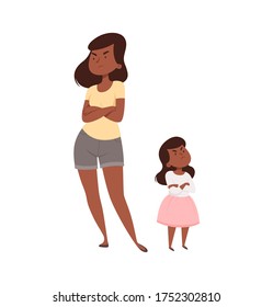 Angry people. Mother and daughter in quarrel. sad adult female and baby girl. Isolated family vector illustration