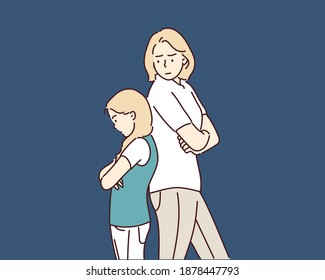 Angry people. Mother and daughter in quarrel. sad adult female and baby girl. Hand drawn style vector design illustrations.