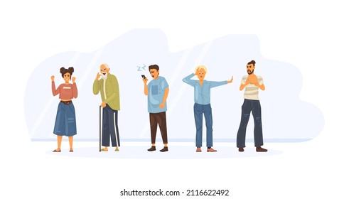 Angry people person. Conflict colleagues, disagreements, negative emotions, aggressively emotionally relationship people. Elderly, couple quarrel, quarrel between husband,wife, friends cartoon vector