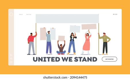 Angry People with Placards on Rally Landing Page Template. Male or Female Characters Holding Empty Placards, Banners or Signs Fighting for their Rights, Citizen Protesting. Cartoon Vector Illustration