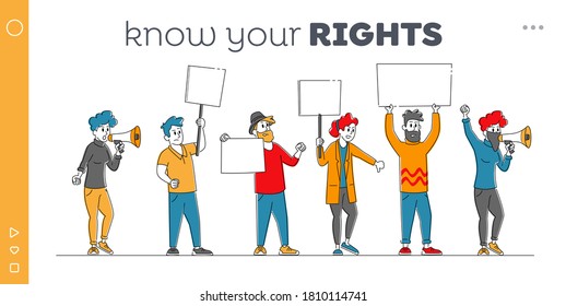 Angry People with Placards Protest on Rally Landing Page Template. Characters Holding Empty Placards, Banners or Signs Fighting for their Rights, Citizen Protesting, Riot. Linear Vector Illustration