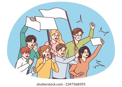 Angry people with placards protest on demonstration or riot. Furious activists stand against discrimination on meeting. Vector illustration.