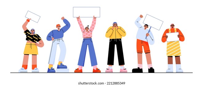 Angry people protesting flat vector illustration. Upset young male and female characters on strike with blank placards in hands, chanting human rights slogans. Crowd displeased with government policy