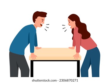 Angry people quarrel. Irritated wife and husband conflict, scene of argue, relationship problems. Colleague or friend conflict.