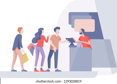 Angry People Queue In Supermarket With Cashier, Where To Buy Concept Of Shop Assistant. Selling Interaction, Purchasing Process. Dissatisfied And Tired Customer Scream And Swear