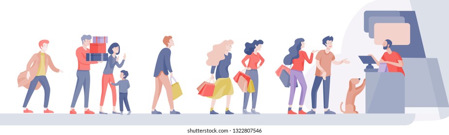 Angry People Queue In Supermarket With Cashier, Where To Buy Concept Of Shop Assistant. Selling Interaction, Purchasing Process. Dissatisfied And Tired Customer Scream And Swear