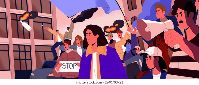 Angry people at revolution, strike. Protesters at demonstration, aggressive riot, protest. Street revolt, rebellion. Opposition crowd, demonstrators against political power. Flat vector illustration