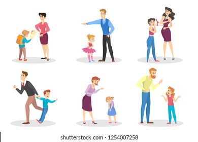 Angry people screaming at young children set. Conflict in the family. Furious mother and father in anger. Punishment from parent. Vector illustration in cartoon style