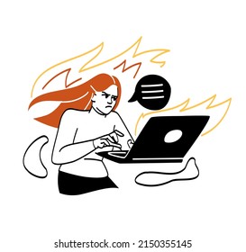 Angry people set. Girl on fire presses buttons on laptop, employee in office. Manager trying to meet deadline, irritation and difficulties at work, problems. Cartoon flat vector illustration