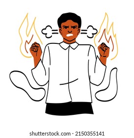 Angry people set. Man in shirt screams with hands clenched into fist. Character has steam coming out of ears from anger. Emotions and expression, social media sticker. Cartoon flat vector illustration