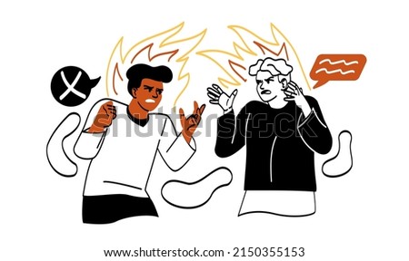 Angry people set. Two guys yelling at each other, in conflict or quarrel in office or at work. Fighting and anger, tension, bad relationships. Social media sticker. Cartoon flat vector illustration