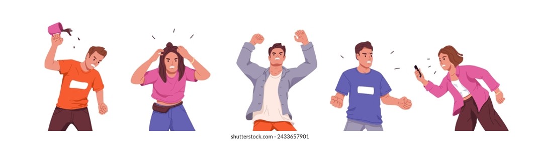 Angry people set. Young men and women feeling anger, stress. Unhappy characters with aggressive facial expression have bad emotions. Person yelling in rage. Flat isolated vector illustration on white