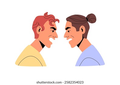 Angry people shout at each other in quarrel. Furious characters yell in conflict side view. Men with misunderstanding argue, have communication problems. Flat isolated vector illustration on white