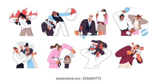 Angry people shout, quarrel concept set. Furious men and women feel anger, irritation, aggression. Mad characters with negative emotions. Flat isolated vector illustrations on white background