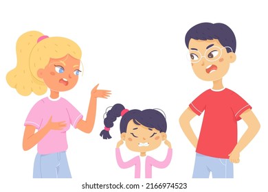 Angry people shout and quarrel during family conflict vector illustration. Cartoon unhappy girl covering ears with hands, sad kid ignoring relationship problem and anger of parents isolated on white