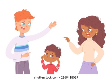 Angry people shout and quarrel during family conflict vector illustration. Cartoon unhappy boy covering ears with hands, sad kid ignoring relationship problem and anger of parents isolated on white