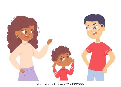 Angry people shout and quarrel during family conflict vector illustration. Cartoon unhappy boy covering ears with hands, sad kid ignoring relationship problem and anger of parents isolated on white