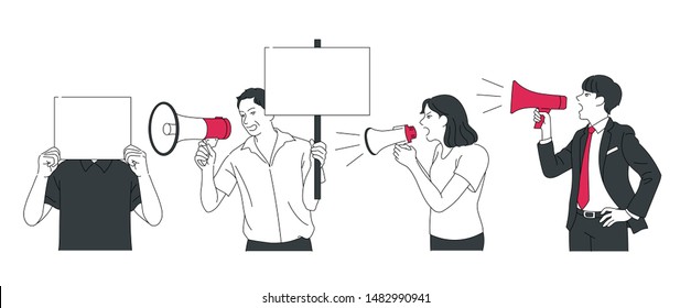 Angry people are shouting with megaphones and pickets. hand drawn style vector design illustrations. 