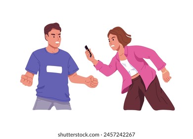 Angry people sort things out, yelling, shout each other. Couple swearing, finds out the relationship. Lovers gesturing expression of anger, hate. Flat isolated vector illustration on white background