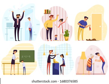 Angry people yelling, conflict at work, in family and at school, vector illustration. Men and women quarrel, problem in relationship, unhappy cartoon characters. People arguing, anger expression set