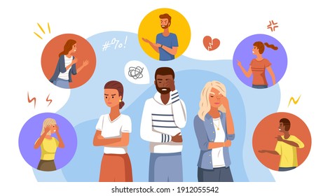 Angry people. Young characters thinking about negative communication experiences. Aggressive abuse conversation with business partner and lover or friend. Vector conflict stress situations concept