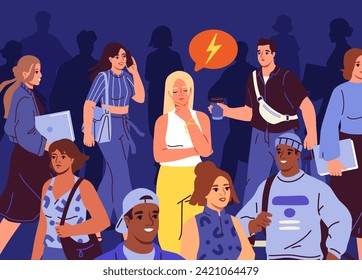 Angry person in crowd concept. Woman stands near young guys and girls. Depression and frustration, loneliness. Negative feelings and emotions, mood. Cartoon flat vector illustration