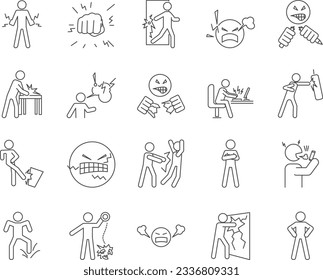 Angry Person Icons Set. Screaming, Shouting, Anger. Editable Stroke. Simple Icons Vector Collection