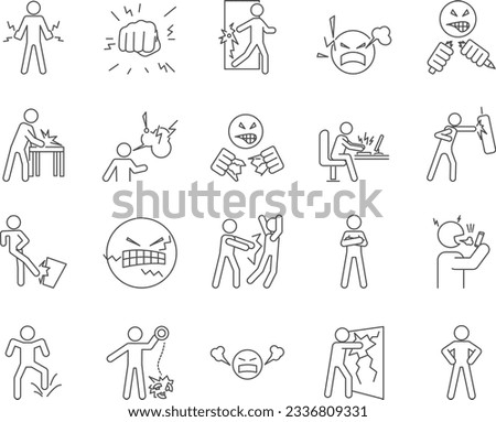 Angry Person Icons Set. Screaming, Shouting, Anger. Editable Stroke. Simple Icons Vector Collection